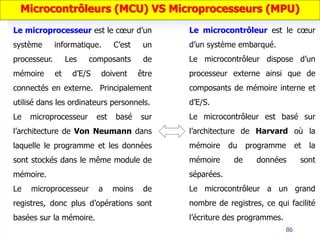 86
Le microprocesseur est le cœur d’un
système informatique. C’est un
processeur. Les composants de
mémoire et d’E/S doivent être
connectés en externe. Principalement
utilisé dans les ordinateurs personnels.
Le microprocesseur est basé sur
l’architecture de Von Neumann dans
laquelle le programme et les données
sont stockés dans le même module de
mémoire.
Le microprocesseur a moins de
registres, donc plus d’opérations sont
basées sur la mémoire.
Le microcontrôleur est le cœur
d’un système embarqué.
Le microcontrôleur dispose d’un
processeur externe ainsi que de
composants de mémoire interne et
d’E/S.
Le microcontrôleur est basé sur
l’architecture de Harvard où la
mémoire du programme et la
mémoire de données sont
séparées.
Le microcontrôleur a un grand
nombre de registres, ce qui facilité
l’écriture des programmes.
Microcontrôleurs (MCU) VS Microprocesseurs (MPU)
 