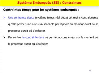 9
 Une contrainte douce (système temps réel doux) est moins contraignante
qu’elle permet une erreur raisonnable par rapport au moment exact où le
processus aurait dû s’exécuter.
 Par contre, la contrainte dure ne permet aucune erreur sur le moment où
le processus aurait dû s’exécuter.
Système Embarqués (SE) : Contraintes
Contraintes temps pour les systèmes embarqués :
 