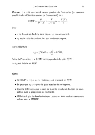 C.AT/FinEntr/2003-2004/MM 11
Preuve. Le coût du capital moyen pondéré de l’entreprise (= moyenne
pondérée des diﬀérentes sources de financement) est :
CCMP =
D
D + E
r +
E
D + E
rE =
E (X)
V
,
où :
• r est le coût de la dette sans risque, i.e. son rendement.
• rE est le coût des actions, i.e. son rendement espéré.
Après réécriture :
rE = (CCMP − r)
D
E
+ CCMP.
Selon la Proposition I, le CCMP est independant du ratio D/E.
⇒ rE est linéaire en D/E.
Note:
• Si CCMP > r (i.e. rE > r) alors rE est croissant en D/E.
• En pratique, rE > r pour la quasi totalité des entreprises.
• Donc,la diﬀérence entre le coût de la dette et celui de l’action est com-
patible avec la proposition de neutralité.
• MM n’avait pas de théorie du risque, cependant leurs résultats demeurent
valides avec le MEDAF.
 