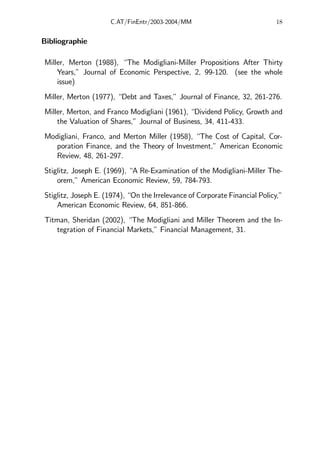 C.AT/FinEntr/2003-2004/MM 18
Bibliographie
Miller, Merton (1988), “The Modigliani-Miller Propositions After Thirty
Years,” Journal of Economic Perspective, 2, 99-120. (see the whole
issue)
Miller, Merton (1977), “Debt and Taxes,” Journal of Finance, 32, 261-276.
Miller, Merton, and Franco Modigliani (1961), “Dividend Policy, Growth and
the Valuation of Shares,” Journal of Business, 34, 411-433.
Modigliani, Franco, and Merton Miller (1958), “The Cost of Capital, Cor-
poration Finance, and the Theory of Investment,” American Economic
Review, 48, 261-297.
Stiglitz, Joseph E. (1969), “A Re-Examination of the Modigliani-Miller The-
orem,” American Economic Review, 59, 784-793.
Stiglitz, Joseph E. (1974), “On the Irrelevance of Corporate Financial Policy,”
American Economic Review, 64, 851-866.
Titman, Sheridan (2002), “The Modigliani and Miller Theorem and the In-
tegration of Financial Markets,” Financial Management, 31.
 
