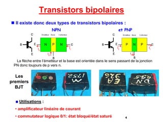 Utilisations :
• amplificateur linéaire de courant
• commutateur logique 0/1: état bloqué/état saturé
Les
premiers
BJT
Transistors bipolaires
 Il existe donc deux types de transistors bipolaires :
NPN et PNP
La flèche entre l’émetteur et la base est orientée dans le sens passant de la jonction
PN donc toujours de p vers n.
4
 