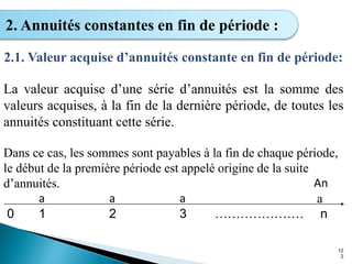 12
2
2. Annuités constantes en fin de période :
2.1. Valeur acquise d’annuités constante en fin de période:
La valeur acquise d’une série d’annuités est la somme des
valeurs acquises, à la fin de la dernière période, de toutes les
annuités constituant cette série.
Dans ce cas, les sommes sont payables à la fin de chaque période,
le début de la première période est appelé origine de la suite
d’annuités.
a
An
a a a
0 1 2 3 ………………… n
 