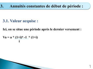 13
8
3. Annuités constantes de début de période :
3.1. Valeur acquise :
Ici, on se situe une période après le dernier versement :
Va = a * (1+i)n -1 * (1+i)
i
 