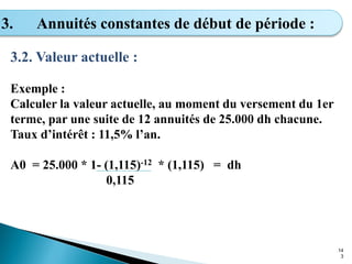 14
3
3. Annuités constantes de début de période :
3.2. Valeur actuelle :
Exemple :
Calculer la valeur actuelle, au moment du versement du 1er
terme, par une suite de 12 annuités de 25.000 dh chacune.
Taux d’intérêt : 11,5% l’an.
A0 = 25.000 * 1- (1,115)-12 * (1,115) = dh
0,115
 