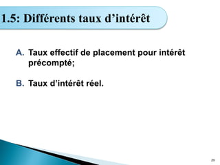 A. Taux effectif de placement pour intérêt
précompté;
B. Taux d’intérêt réel.
29
1.5: Différents taux d’intérêt
 