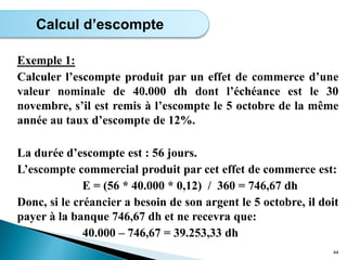 Exemple 1:
Calculer l’escompte produit par un effet de commerce d’une
valeur nominale de 40.000 dh dont l’échéance est le 30
novembre, s’il est remis à l’escompte le 5 octobre de la même
année au taux d’escompte de 12%.
La durée d’escompte est : 56 jours.
L’escompte commercial produit par cet effet de commerce est:
E = (56 * 40.000 * 0,12) / 360 = 746,67 dh
Donc, si le créancier a besoin de son argent le 5 octobre, il doit
payer à la banque 746,67 dh et ne recevra que:
40.000 – 746,67 = 39.253,33 dh
44
Calcul d’escompte
 