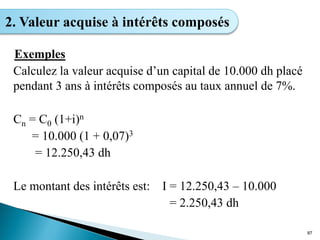 Exemples
Calculez la valeur acquise d’un capital de 10.000 dh placé
pendant 3 ans à intérêts composés au taux annuel de 7%.
Cn = C0 (1+i)n
= 10.000 (1 + 0,07)3
= 12.250,43 dh
Le montant des intérêts est: I = 12.250,43 – 10.000
= 2.250,43 dh
87
2. Valeur acquise à intérêts composés
 