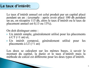 Le taux d’intérêt annuel est celui produit par un capital placé
pendant un an : (exemple : après avoir placé 100 dh pendant
un an, on récupère 113 dh, alors le taux d’intérêt ou le taux de
placement annuel est 0,13 ou 13%).
On doit distinguer entre :
 Un intérêt simple, généralement utilisé pour les placements
à CT (<1 an) et,
 Un intérêt composé, généralement utilisé pour les
placements à LT (>1 an)
Les deux se calculent sur les mêmes bases, à savoir le
montant du capital, la durée et le taux d’intérêt mais la
méthode de calcul est différente pour les deux types d’intérêt.
9
Le taux d’intérêt:
 