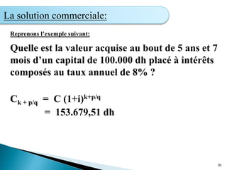 Reprenons l’exemple suivant:
Quelle est la valeur acquise au bout de 5 ans et 7
mois d’un capital de 100.000 dh placé à intérêts
composés au taux annuel de 8% ?
Ck + p/q = C (1+i)k+p/q
= 153.679,51 dh
92
La solution commerciale:
 