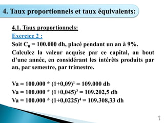 10
5
4. Taux proportionnels et taux équivalents:
4.1. Taux proportionnels:
Exercice 2 :
Soit C0 = 100.000 dh, placé pendant un an à 9%.
Calculez la valeur acquise par ce capital, au bout
d’une année, en considérant les intérêts produits par
an, par semestre, par trimestre.
Va = 100.000 * (1+0,09)1 = 109.000 dh
Va = 100.000 * (1+0,045)2 = 109.202,5 dh
Va = 100.000 * (1+0,0225)4 = 109.308,33 dh
 