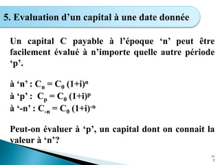 Un capital C payable à l’époque ‘n’ peut être
facilement évalué à n’importe quelle autre période
‘p’.
à ‘n’ : Cn = C0 (1+i)n
à ‘p’ : Cp = C0 (1+i)p
à ‘-n’ : C-n = C0 (1+i)-n
Peut-on évaluer à ‘p’, un capital dont on connait la
valeur à ‘n’?
11
3
5. Evaluation d’un capital à une date donnée
 