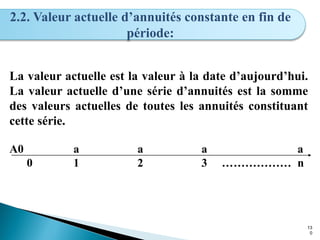 13
0
2.2. Valeur actuelle d’annuités constante en fin de
période:
La valeur actuelle est la valeur à la date d’aujourd’hui.
La valeur actuelle d’une série d’annuités est la somme
des valeurs actuelles de toutes les annuités constituant
cette série.
A0 a a a a
0 1 2 3 ……………… n
 