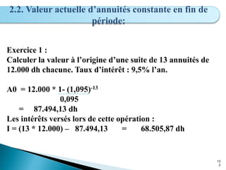 13
2
2.2. Valeur actuelle d’annuités constante en fin de
période:
Exercice 1 :
Calculer la valeur à l’origine d’une suite de 13 annuités de
12.000 dh chacune. Taux d’intérêt : 9,5% l’an.
A0 = 12.000 * 1- (1,095)-13
0,095
= 87.494,13 dh
Les intérêts versés lors de cette opération :
I = (13 * 12.000) – 87.494,13 = 68.505,87 dh
 