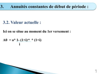 14
2
3. Annuités constantes de début de période :
3.2. Valeur actuelle :
Ici on se situe au moment du 1er versement :
A0 = a* 1- (1+i)-n * (1+i)
i
 
