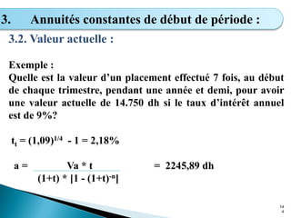 14
4
3. Annuités constantes de début de période :
3.2. Valeur actuelle :
Exemple :
Quelle est la valeur d’un placement effectué 7 fois, au début
de chaque trimestre, pendant une année et demi, pour avoir
une valeur actuelle de 14.750 dh si le taux d’intérêt annuel
est de 9%?
tt = (1,09)1/4 - 1 = 2,18%
a = Va * t = 2245,89 dh
(1+t) * [1 - (1+t)-n]
 