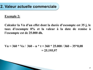 Exemple 2:
Calculer la Vn d’un effet dont la durée d’escompte est 35 j, le
taux d’escompte 8% et la valeur à la date de remise à
l’escompte est de 25.000 dh.
Vn = 360 * Va / 360 – n * t = 360 * 25.000 / 360 – 35*0,08
= 25.195,97
47
2. Valeur actuelle commerciale
 
