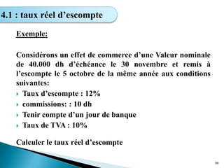 Exemple:
Considérons un effet de commerce d’une Valeur nominale
de 40.000 dh d’échéance le 30 novembre et remis à
l’escompte le 5 octobre de la même année aux conditions
suivantes:
 Taux d’escompte : 12%
 commissions: : 10 dh
 Tenir compte d’un jour de banque
 Taux de TVA : 10%
Calculer le taux réel d’escompte
56
4.1 : taux réel d’escompte
 