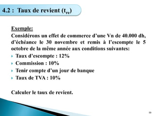 Exemple:
Considérons un effet de commerce d’une Vn de 40.000 dh,
d’échéance le 30 novembre et remis à l’escompte le 5
octobre de la même année aux conditions suivantes:
 Taux d’escompte : 12%
 Commission : 10%
 Tenir compte d’un jour de banque
 Taux de TVA : 10%
Calculer le taux de revient.
59
4.2 : Taux de revient (tre)
 