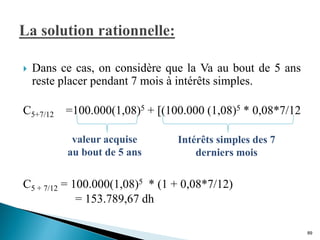  Dans ce cas, on considère que la Va au bout de 5 ans
reste placer pendant 7 mois à intérêts simples.
C5+7/12 =100.000(1,08)5 + [(100.000 (1,08)5 * 0,08*7/12
C5 + 7/12 = 100.000(1,08)5 * (1 + 0,08*7/12)
= 153.789,67 dh
89
valeur acquise
au bout de 5 ans
Intérêts simples des 7
derniers mois
 