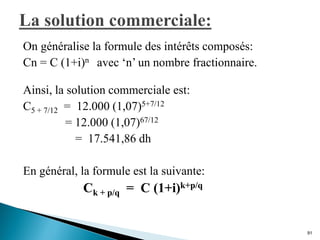 On généralise la formule des intérêts composés:
Cn = C (1+i)n avec ‘n’ un nombre fractionnaire.
Ainsi, la solution commerciale est:
C5 + 7/12 = 12.000 (1,07)5+7/12
= 12.000 (1,07)67/12
= 17.541,86 dh
En général, la formule est la suivante:
Ck + p/q = C (1+i)k+p/q
91
 