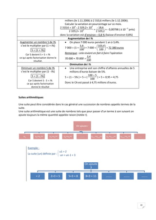 10
On ajoute r
u1 u2=u1+r u3=u2+r u4=u3+r …….. un-1=un-2+r un=un-1+r un+1=un+r ……
On ajoute
3
= 2 2+3 = 5 5+3 = 8 8+3 = 11 …….. …….. ……..
milliers (le 1.11.2006) à 2 310,6 milliers (le 1.12.2006).
Calculer la variation en pourcentage sur ce mois.
2 310,6  103
- 2 329,2 103
2 329,2 103 =
- 18,6
2 329,2
≈ - 0,00798 ( à 10 – 5
près)
donc la variation est d’environ – 0,8 % (baisse d’environ 0,8%)
Augmentation de i %
Augmenter un nombre S de i%
c’est le multiplier par (1 + i%)
S  (1 + i%)
Car S devient S + S  i%
ce qui après factorisation donne le
résultat.
 On place 7 000 euros pendant 1 an à 3,4%.
7 000  (1 +
3,4
100
) = 7 000 






103,4
100
= 72 380 euros
Remarque : cela revient en fait à faire l’opération
70 000 + 70 000 
3,4
100
Diminution de i %
Diminuer un nombre S de i%
c’est le multiplier par (1 - i%)
S  (1 - i%)
Car S devient S - S  i%
ce qui après factorisation
donne le résultat
 Une entreprise voit son chiffre d’affaires annuelles de 5
millions d’euros baisser de 5%.
5  (1 – 5% ) = 5  (
100 – 5
100
) = 5  0,95 = 4,75
Donc le CA est passé à 4,75 millions d’euros.
Suites arithmétiques
Une suite peut être considérée dans le cas général une succession de nombres appelés termes de la
suite.
Une suite arithmétique est une suite de nombres tels que pour passer d’un terme à son suivant on
ajoute toujours la même quantité appelée raison (notée r).
Exemple :
La suite (un) définie par :


 u1 = 2
un = un-1 + 3
 