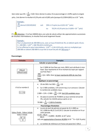 9
bien noter que 2% =
2
100
= 0,02. Donc donner la valeur d’un pourcentage à 1 chiffre après la virgule
près, c’est donner le résultat à 0,1% près soit à 0,001 près (puisque 0,1/100=0,001) ou à 10 – 3
près.
Exemple :
90
152
donne 0.5921052632 soit 59% à 1 % près (ou à 0,01=10– 2
près)
ou 59,2% à 0,1% près (ou à 0,001= 10 – 3
près)
3°) Attention : Il ne faut JAMAIS dans une suite de calculs utiliser des approximations successives
de résultats intermédiaires, le résultat final serait largement faussé.
Exemple :
Pour un placement de 200 000 euros, avec un taux d'intérêt de 3%, on obtient après 10 ans
S = 200 000  1,0310
≈ 268 783,28 € à 0,01€ près
Si l’on effectue le calcul intermédiaire : 1,0310
≈ 1,34 à 0,01 près, alors en multipliant par
200 000 on obtient 268 000 € ce qui fait un écart de près de 783 euros !!
Pourcentages
Formules Exemples
Calculer un pourcentage
Effectif
Effectif total
Sur 1 500€ de frais fixes par mois, 900 € sont attribués à mon
loyer. Que représente en % le montant du loyer par rapport
aux frais fixes ?
900
1500
= 0,6 = 60%. Donc le loyer représente 60% de mes frais
fixes.
Appliquer un pourcentage
t % d’un nombre S
S  t %
 2% de 500 c’est 500 
2
100
= 10
 Sur 2 000 candidats, 11% seront reçu à un concours. Calculer
le nombre de candidats reçus.
2 000  11% = 2 000 
11
100
= 220. Soit 220 candidats reçus.
 On place la somme de 70 000 € au taux nominal annuel de
3%, calculer les intérêts perçus après un an.
70 000 
3
100
= 2 100 € d’intérêts.
Pourcentage d’évolution
Valeur finale - Valeur initiale
Valeur initiale
=
Vf - Vi
Vi
 Le prix du baril de pétrole est passé du 31.1.2005 au
31.1.2006 de 48,21 $ à 67,93 $. Calculer la variation en % sur
cette période.
67,93 – 48,21
48,21
≈ 0,4090 = 40,90% (à 10-4
près)
soit une augmentation d’environ 40,90% (à 10 – 2
% = 0,01 % près)
 Le nombre de chômeurs en France est passé de 2 329,2
 