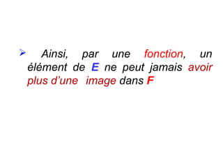 

Ainsi, par une fonction, un
élément de E ne peut jamais avoir
plus d’une image dans F

 