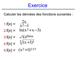 Exercice
Calculer les dérivées des fonctions suivantes :

2x
1.f(x) = x 2 −1
2.f(x) = ln(x 2 + x −3)
3.f(x) =
4.f(x) =

x eSinx
5 (x +1)3

(x 2 +1)2/15
5.f(x) =

 