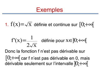 Exemples
1.

f (x ) = x

définie et continue sur

[0;+∞[

1 définie pour x∈ 0;+∞[
]
f '(x) =
2 x
Donc la fonction f n’est pas dérivable sur

[0;+∞[ car f n’est pas dérivable en 0, mais
dérivable seulement sur l’intervalle ]0;+∞[

 