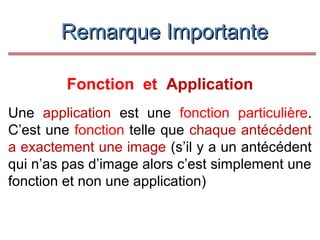 Remarque Importante
Fonction et Application
Une application est une fonction particulière.
C’est une fonction telle que chaque antécédent
a exactement une image (s’il y a un antécédent
qui n’as pas d’image alors c’est simplement une
fonction et non une application)

 