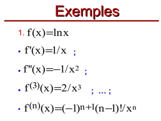 Exemples
1. f (x) =ln x
•

f '(x) =1/ x

;

f ''(x) =−1/ x 2
•
•

f (3)(x) =2 / x3

;
; …;

(n)(x) =(−1)n +1(n −1)!/ x n
• f

 