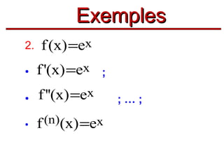 Exemples
2.

f (x) =ex

•

f '(x) =ex

•

f ''(x) =ex

•

f (n)(x) =ex

;
;…;

 