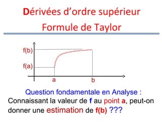 Dérivées d’ordre supérieur
Formule de Taylor
f(b)
f(a)
a

b

Question fondamentale en Analyse :
Connaissant la valeur de f au point a, peut-on
donner une estimation de f(b) ???

 