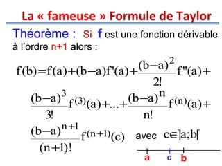 La « fameuse » Formule de Taylor
Théorème :

Si f est une fonction dérivable
à l’ordre n+1 alors :
2

(b −a) f ''(a) +
f (b) =f (a) +(b −a)f '(a) +
2!
3
n
(b −a) f (3)(a) +...+ (b −a) f (n)(a) +
3!
n!
n +1
(b −a)
]
f (n +1)(c) avec c∈ a;b[
(n +1)!
I
I
I
a

c

b

 