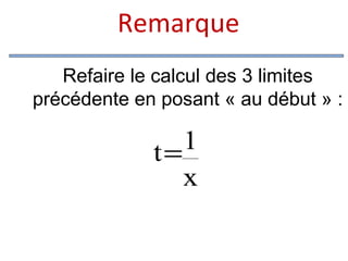  Remarque
Refaire le calcul des 3 limites
précédente en posant « au début » :

1
t=
x

 
