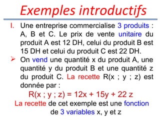  Exemples introductifs
I. Une entreprise commercialise 3 produits :
A, B et C. Le prix de vente unitaire du
produit A est 12 DH, celui du produit B est
15 DH et celui du produit C est 22 DH.
 On vend une quantité x du produit A, une
quantité y du produit B et une quantité z
du produit C. La recette R(x ; y ; z) est
donnée par :

R(x ; y ; z) = 12x + 15y + 22 z
La recette de cet exemple est une fonction
de 3 variables x, y et z

 