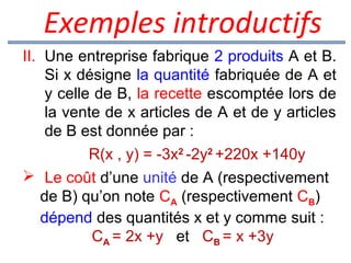  Exemples introductifs
II. Une entreprise fabrique 2 produits A et B.
Si x désigne la quantité fabriquée de A et
y celle de B, la recette escomptée lors de
la vente de x articles de A et de y articles
de B est donnée par :
R(x , y) = -3x2 -2y2 +220x +140y
 Le coût d’une unité de A (respectivement
de B) qu’on note CA (respectivement CB)
dépend des quantités x et y comme suit :
CA = 2x +y et CB = x +3y

 