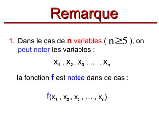 Remarque
1. Dans le cas de n variables (
peut noter les variables :

n≥5 ), on

x1 , x2 , x3 , … , xn
la fonction f est notée dans ce cas :

f(x1 , x2 , x3 , … , xn)

 