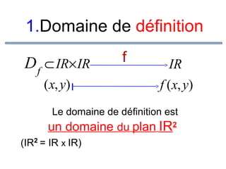 1.Domaine de définition
D f ⊂ IR× IR
( x, y) I

f

IR
f ( x, y)

Le domaine de définition est

un domaine du plan IR2
(IR2 = IR x IR)

 