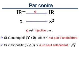 Par contre

IR+
x

g

I

IR
x2

g est injective car :
 Si Y est négatif
 Si Y est positif

(Y < 0) , alors Y n’a pas d’antécédent

(Y ≥ 0) ,Y a un seul antécédent : Y

 