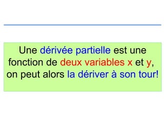 Une dérivée partielle est une
fonction de deux variables x et y,
on peut alors la dériver à son tour!

 