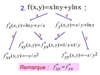 2. f (x, y) =x ln y + yln x
y

x

'
f x ( x, y) = ln y + y / x
y

x

:

'
f y ( x, y) = x / y +ln x
x

y

''
''
f xy ( x, y) = f yx ( x, y) =1/ x +1/ y
''
f xx ( x, y) = − y / x2

Remarque :

''
f yy ( x, y) = −x / y 2
''
''
f xy = f yx

 