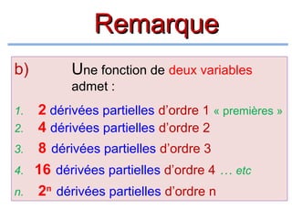 Remarque
b)

Une fonction de deux variables
admet :

1.
2.
3.
4.
n.

2 dérivées partielles d’ordre 1 « premières »
4 dérivées partielles d’ordre 2
8 dérivées partielles d’ordre 3
16 dérivées partielles d’ordre 4 … etc
2n dérivées partielles d’ordre n

 