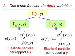 2. Cas d’une fonction de deux variables

f (x , y)
f’x (x , y)

f’y (x , y)

'
xf ( x, y)
e( f , x) = x
f ( x, y)

'
yf ( x, y)
y
e( f , y) =
f ( x, y)

Elasticité partielle
par rapport à x

Elasticité partielle
par rapport à y

 
