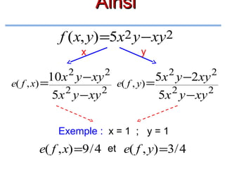 Ainsi
f (x, y) =5x2 y −xy2
y

x
2

2

2

2

10x y − xy e( f , y) = 5x y −2xy
e( f , x) =
2
2
2
2
5x y − xy
5x y − xy
Exemple : x = 1 ; y = 1

e( f , x) =9 / 4 et e( f , y) =3/ 4

 