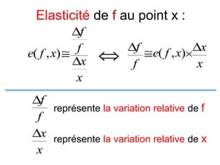 Elasticité de f au point x :
∆f
f
e( f , x) ≅
∆x
x

⇔

∆f ≅ e( f , x)× ∆x
f
x

∆f
représente la variation relative de f
f
∆x représente la variation relative de x
x

 