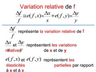 Variation relative de f

∆f ≅ e( f , x)× ∆x +e( f , y)× ∆y
f
x
y
∆f
représente la variation relative de f
f
∆x et ∆y représentent les variations
y
x
relatives
de x et de y
e( f , x) et e( f , y) représentent les
élasticités
à x et à y

partielles par rapport

 