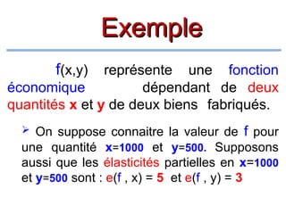 Exemple
f(x,y)

représente une fonction
économique
dépendant de deux
quantités x et y de deux biens fabriqués.
 On suppose connaitre la valeur de f pour
une quantité x=1000 et y=500. Supposons
aussi que les élasticités partielles en x=1000
et y=500 sont : e(f , x) = 5 et e(f , y) = 3

 