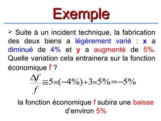 Exemple
 Suite à un incident technique, la fabrication

des deux biens a légèrement varié : x a
diminué de 4% et y a augmenté de 5%.
Quelle variation cela entrainera sur la fonction
économique f ?

∆f ≅ 5×(−4%) +3×5% = −5%
f

la fonction économique f subira une baisse
d’environ 5%

 