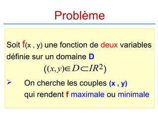 Problème
Soit f(x , y) une fonction de deux variables
définie sur un domaine D
( ( x, y)∈D ⊂ IR2)


On cherche les couples (x , y)
qui rendent f maximale ou minimale

 